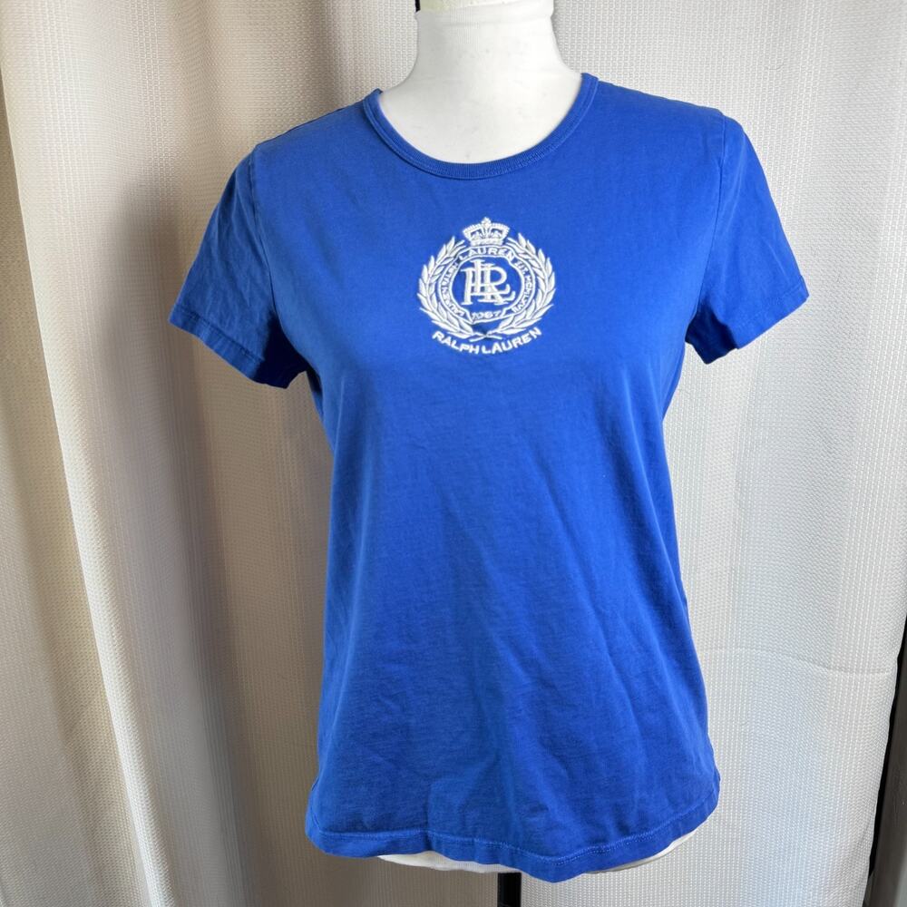 Vintage T-Shirt Lauren Ralph Lauren Center Embroidered Logo Womens Sz L Blue EUC